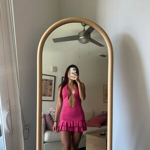 Outcast Pink Halter Mini Dress with Ruffle Hem